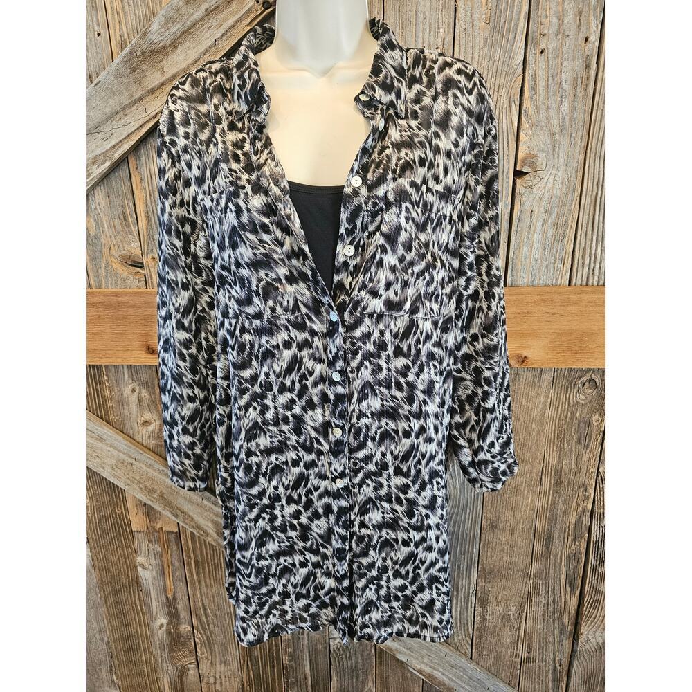 Roz & Ali Large L grey leapord sheer 2 piece  Career Casual button up Layered ^